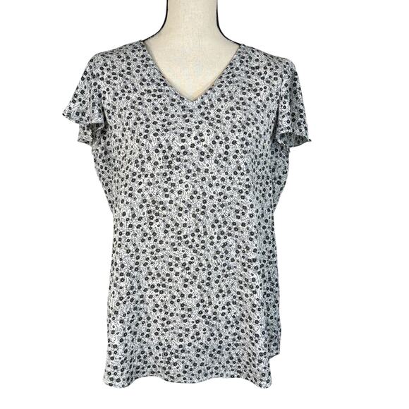 Adrianna Papell Medium Top Floral Flutter Cap Sleeves V-Neck Lightweight White - Picture 1 of 9